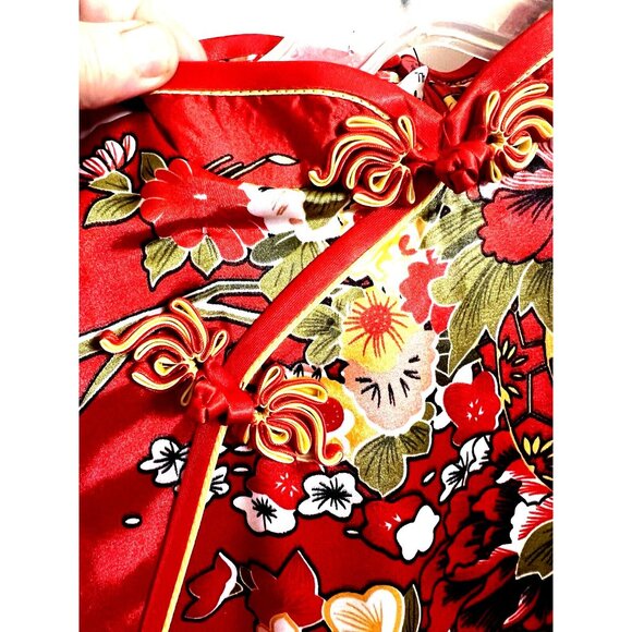 Asian Chinese Red Floral Dress S ? M? Mandarin Collar Short Slvs. Long Slits NWT - Picture 5 of 16